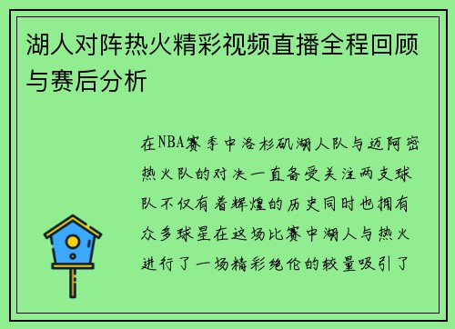 湖人对阵热火精彩视频直播全程回顾与赛后分析